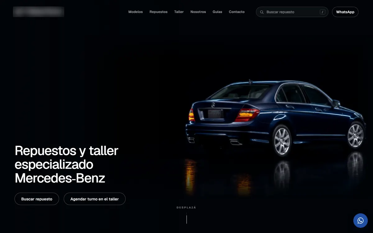 Portada de la web de un taller y tienda de repuestos para coches
