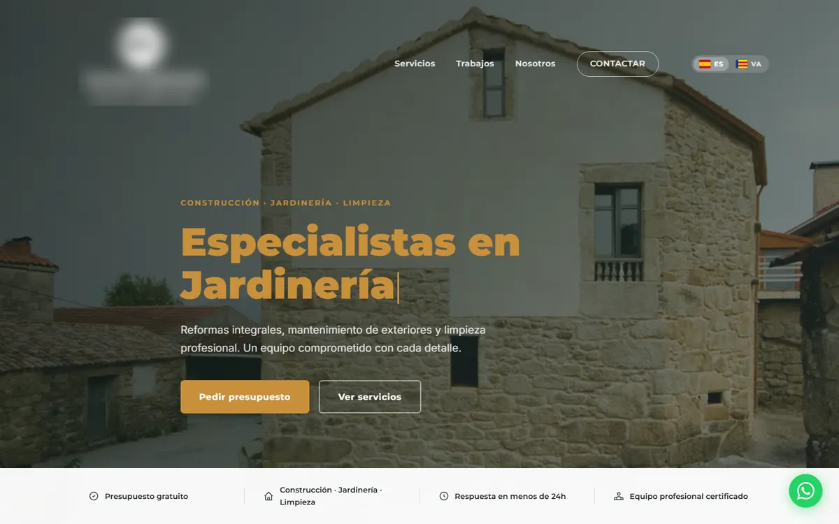 Portada de la web de una empresa de reformas, jardinería y limpieza